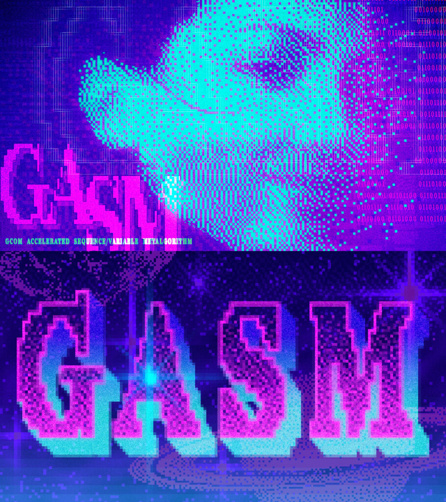 A split image that is stacked. On top, a pixelated woman's face, colored in blue and fading into binary code, is the focal point. In the bottom left of the top section, the name GASM is written in pink pixelated text.

The bottom half has the name GASM in pixelated text again with a gradient 3D effect this time. 8bit planets and stars are seen in the background, with Saturn in the bottom right corner.