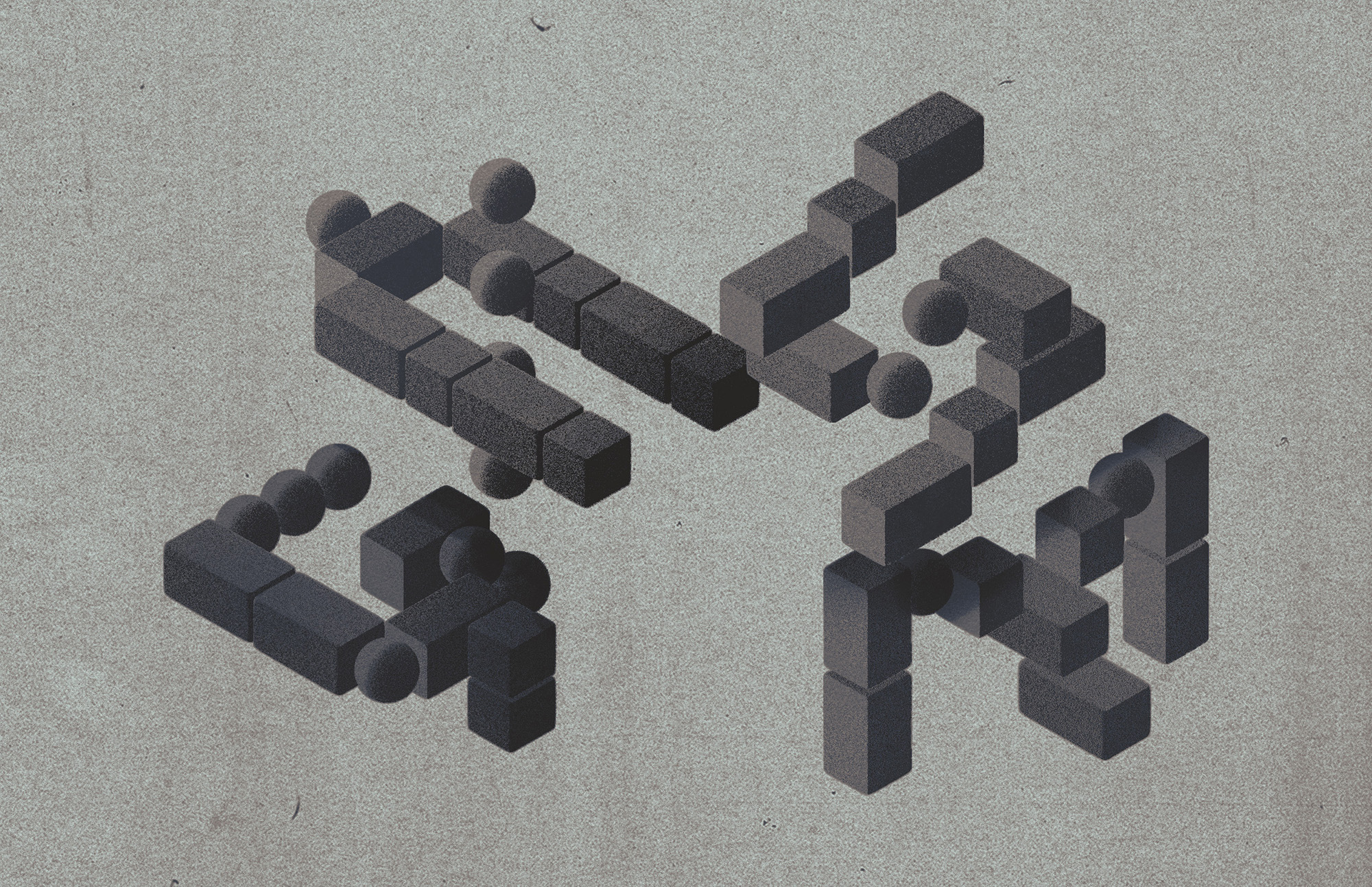 The name GASM made of concrete blocks and floating balls. The word appears to be floating in space. It evokes a liminal feeling of unease.