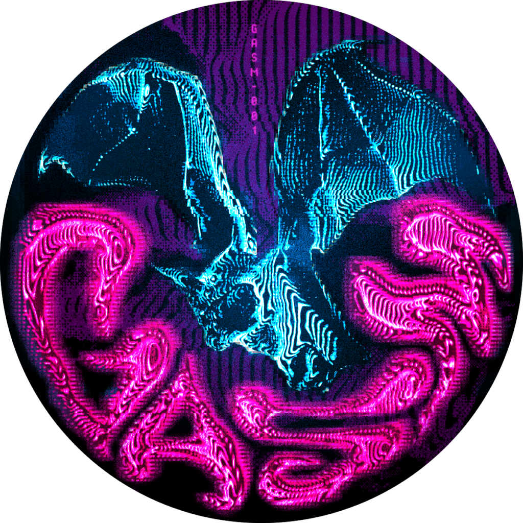 A flying bat above the name GASM. The entire image has pixelated distortion, evoking a decaying society that is hooked on death-technology.