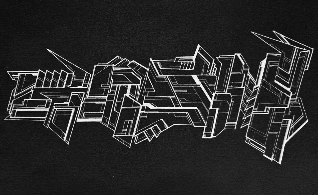 The name GASM written in blocky, abstracted letters, a futuristic feel evocative of RAMMELLZEE's "letters as weapons" thesis.