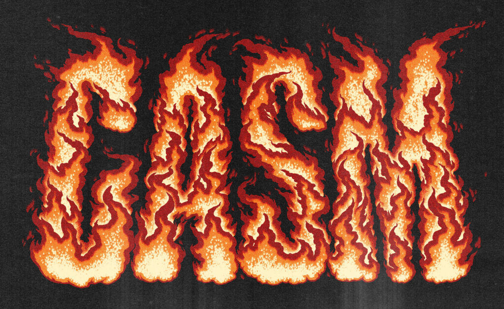 The name GASM written in flames on a streaky, noisy black background.