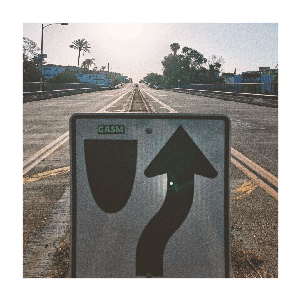 A road sign with a sticker with the name GASM.