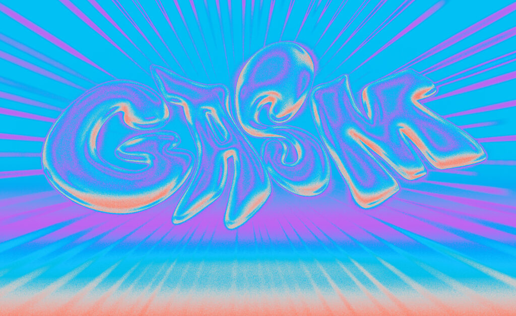 The name GASM written in a bubble letter style, colored in psychedlic blues, purples, and oranges. The shading is reminiscent of classic airbrush graphics.