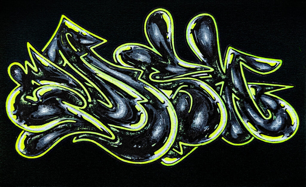 The name GASM written in an abstract bubble letter style. The letters are black and white with neon green highlights.