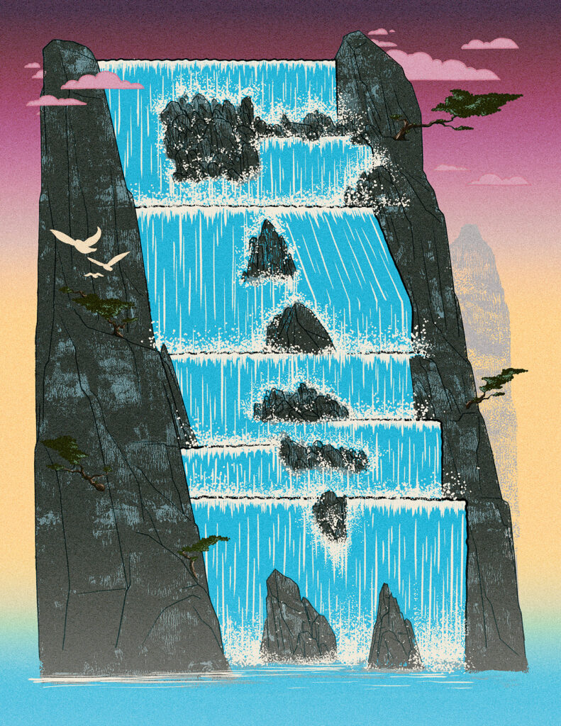 A waterfall forms the name GASM in the negative space that is the water. The waterfall is bracketed by two large stone structures that have trees. Clouds and birds are also a present. The background is a hazy purple-blue to yellow gradient.