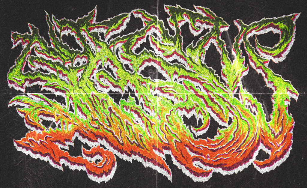 The name GASM drawn in a jagged, drippy style with the bottom of the half of the letters being much taller/heavier. The gradient coloring inside the letters starts with dark green at the bottom, a neon green in the middle, then yellow-orange into deep orange at the bottom. The 3D effect is white. There is a paper texture that makes it seem as though the image has been folded into halves.