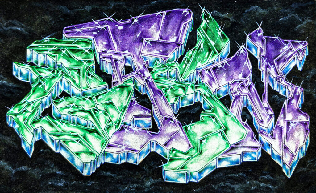 The name GASM in alternating green and purple letters. The letters are composed of various hard-edged tech shapes; the 3D has a blue metal sheen. The letter is also metallic with shiny starbursts throughout. The background is dark clouds.