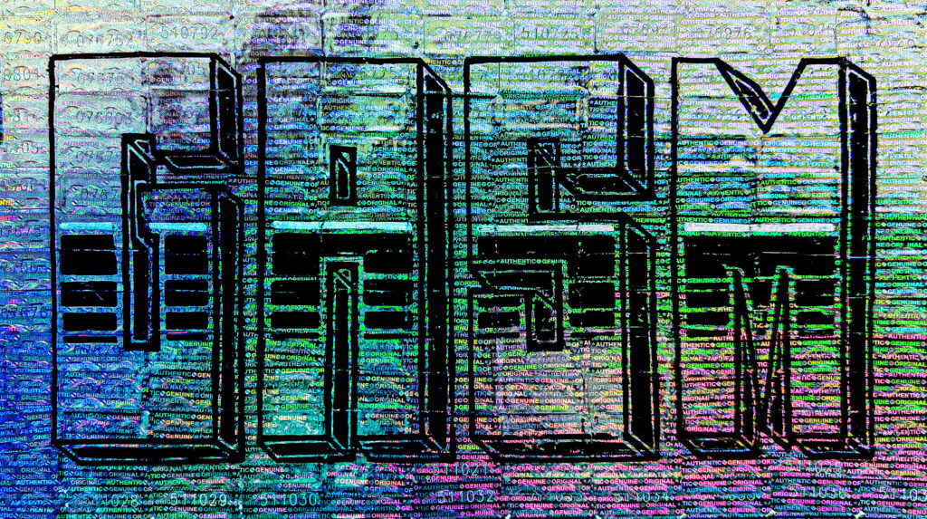 The name GASM in sharp-edged block letters with a black 3D effect. There is a white line that runs across the middle of all letters and four sets of rectangles below the white line which get progressively smaller. The letters are drawn on tampering stickers which have an iridescent, rainbow-like coloring effect.