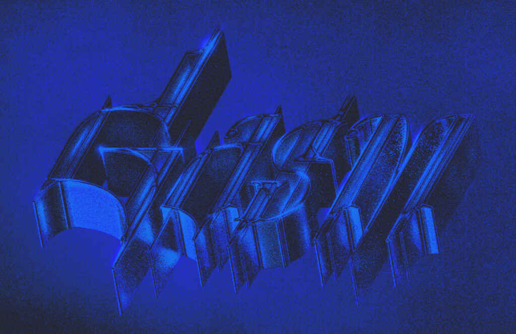 The name GASM in spiky letters that evoke a grainy metallic sheen. The shapes in the letters that are vertical are much thicker than the shapes that are horizontal. The name is at an isometric angle. The coloring is low contrast blues with a grainy background.