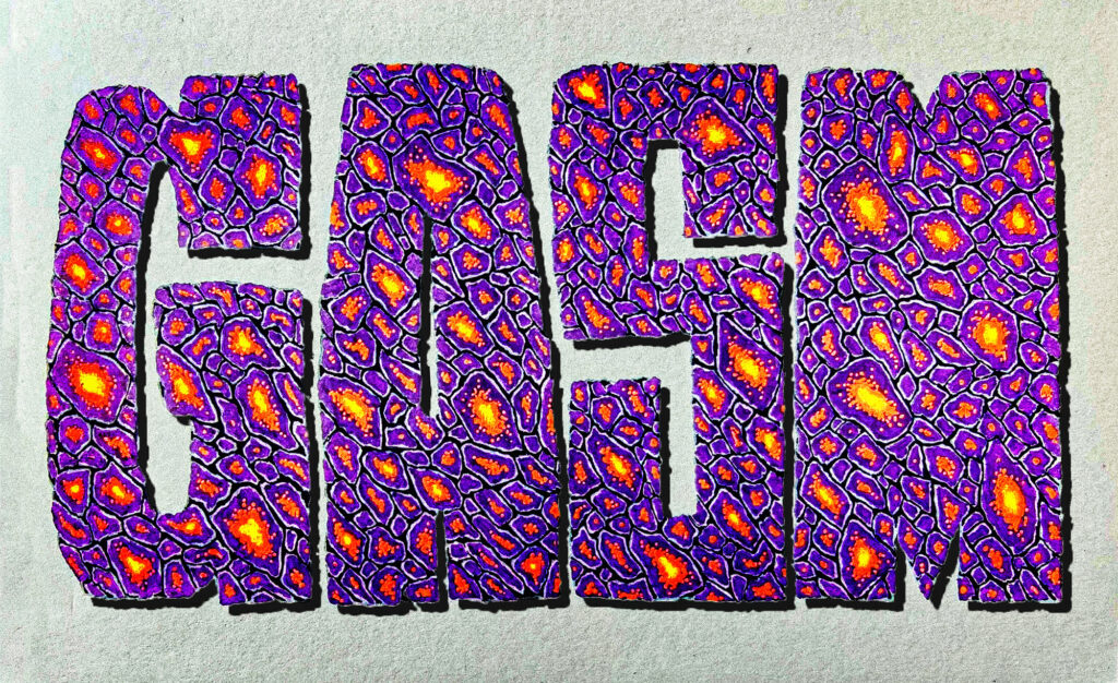 The name GASM spelled out in large block letters consisting of smaller organic shapes of varying sizes that make up each letter. Inside each of the smaller organic shapes, which are purple, contains an even smaller orange shape, and within the orange shape is a smaller yellow shape. 