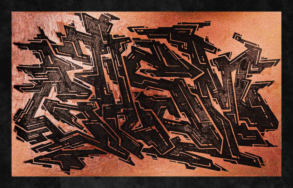 The name GASM written in black lettering on a bronze background. The letters have many small pieces intercut through the letterforms at various angles. The bronze background has bright highlights and deeper bronze shadows in various places.