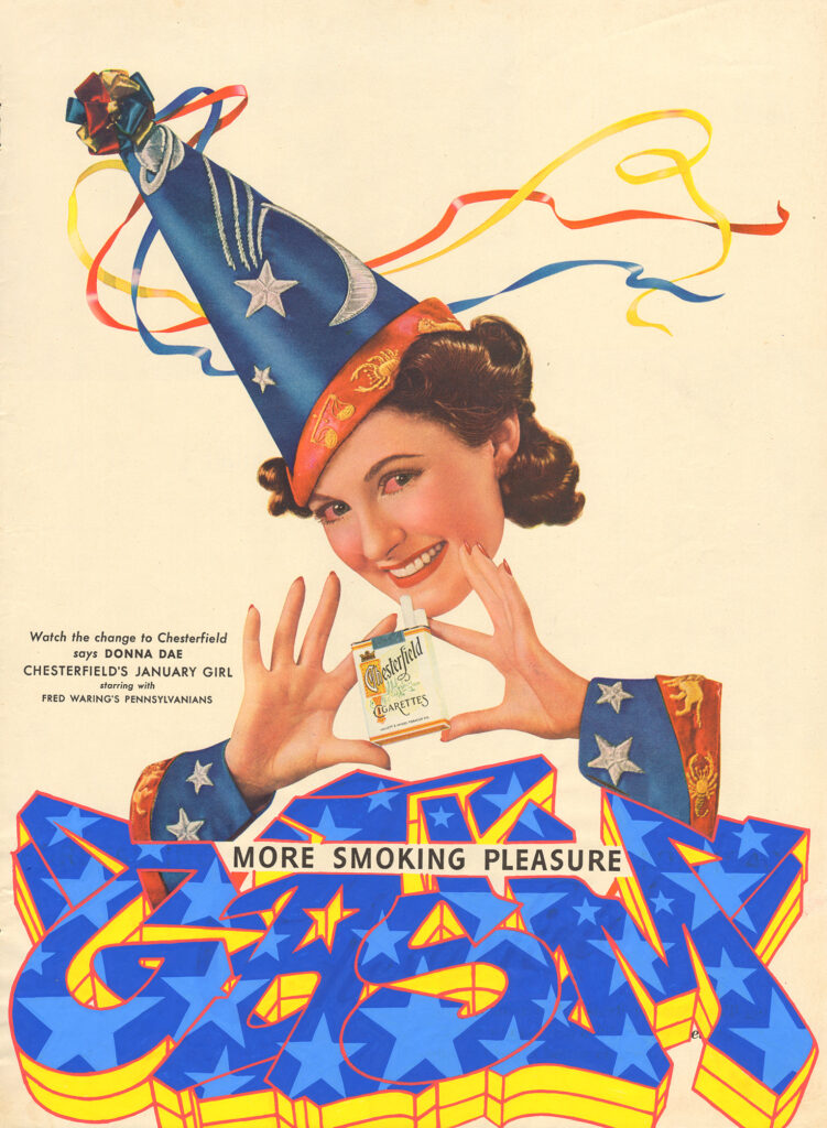 An old cigarette ad features a woman wearing a tall, conical hat that is blue, white, red, and yellow, with signs of the zodiac. Her sleeves feature a similar motif. She holds a pack of cigarettes. The name GASM frames longer text at the bottom of the ad, which now simply reads MORE SMOKING PLEASURE.